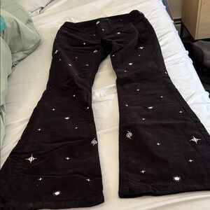 Women's Black Flare velvety Jeans with Star, Sun Pattern